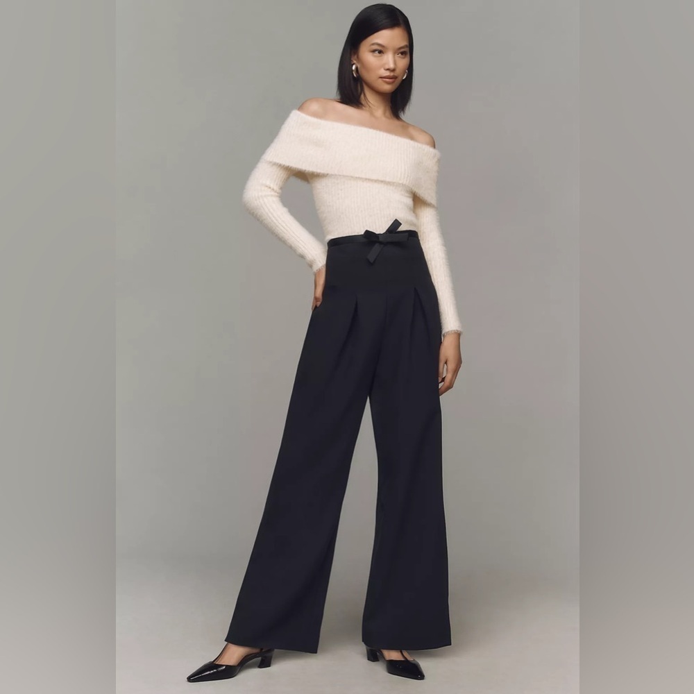Anthropologie Black High-Waist Wide-Leg Pants with Waist Bow